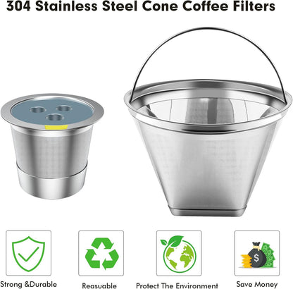 Stainless Steel Reusable Coffee Filter Compatible with Coffee Maker, Reusable Coffee Pods with 4 Cone Coffee Filters, Reusable Coffee Filters for Ninja CFP201 CFP300 CFP301 CFP307