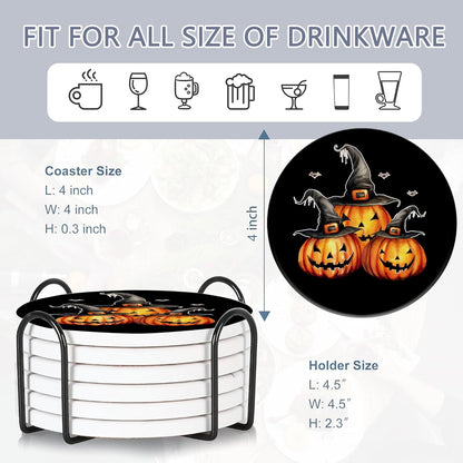 Coaster for Drinks Set of 6, Halloween Skeleton Skull Pumpkin Absorbing Round Ceramic Stone Coaster with Cork Base,Tabletop Protection Mat for Mugs and Cups,Coffee Table Wine Glass Home Bar 4 Inch