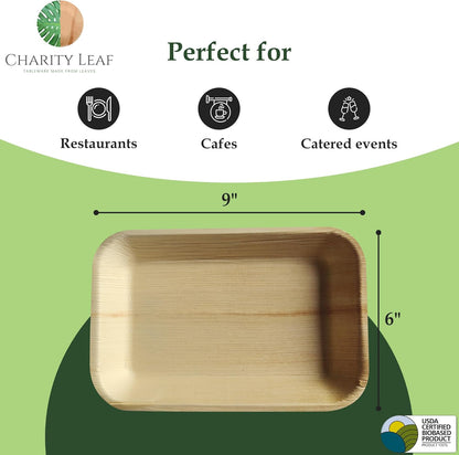 Charity Leaf Eco-Friendly Palm Leaf Trays (50-Pack) - 9"x6" | Elegant Bamboo-Style Platters | Perfect for Weddings & Events | Compostable & Biodegradable Green Serveware