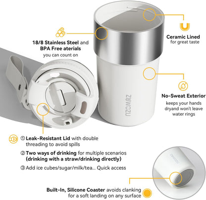Insulated Travel Coffee Tumbler Mug - Ceramic Inner Wall Reusable Iced Coffee Cups Bottle with Lids, Stainless Steel Insulated Cold Brew Water Tumbler with Straw, BPA Free 16 Oz Water Bottle