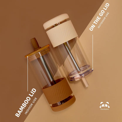 Pandaloo® Glass Cups With Lids and Straws -20 Fl Oz- Perfect Size Iced Coffee Cup - Smoothie Cup With Bamboo Lid and On the go Lid - Glass Tumbler With Straw (1 Count (Pack of 1), Mediterranean Olive)