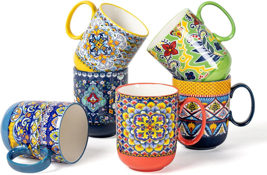 HENXFEN LEAD Coffee Mugs Set 14 Ounce - Multicolor Porcelain Cups for Latte, Hot Tea, Cappuccino, Cocoa, Soup, Dishwasher, Microwave Safe, Christmas Gift Set of 6 - Bohemian Style