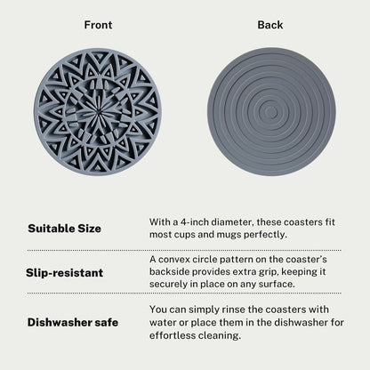 Set of 6 Dark Gray Silicone Coasters with Holder, Drink Coasters with Tribal Pattern Shape- for Table Protection, Anti Slip, Nonstick, Heat Resistant, Deep Tray
