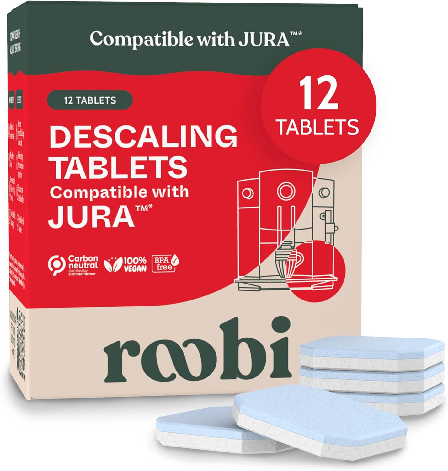 Roobi Jura Compatible Descaling Tablets. 12 Jura Descaling Tablets for Automatic Espresso Coffee Machines. 100% Vegan, Carbon Neutral.