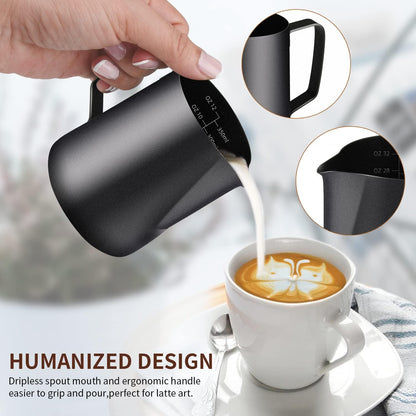 Milk Frothing Pitcher, 12OZ/350ML Stainless Steel Espresso Steaming Pitcher Coffee Milk Frother Cup with Decorating Art Pen for Espresso Machine, Milk Frother, Latte Art Black