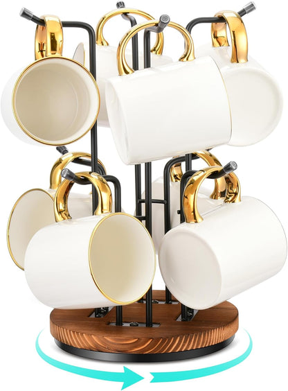 HULISEN 360° Rotating Mug Tree for Large Cups, Counter Coffee Mug Holder with 8 Hooks, Metal Coffee Cup Rack Stand for Countertop with Stable Wooden Base, Kitchen Counter Decor