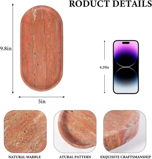 Koville Turkish Red Travertine Tray, 10" x 5" Vanity Decorative Marble Tray for Bathroom, Home Décor Trays for Countertop Organizer, Catchall Trays for Perfume, Candles, Jewelry