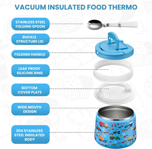 Soup Thermo for Hot Food Kids 14oz Lunch Containers with Buckle Lid Wide Mouth Hot Food Jar Vacuum Insulated Stainless Steel Bento Box Leakproof with Spoon (Truck)