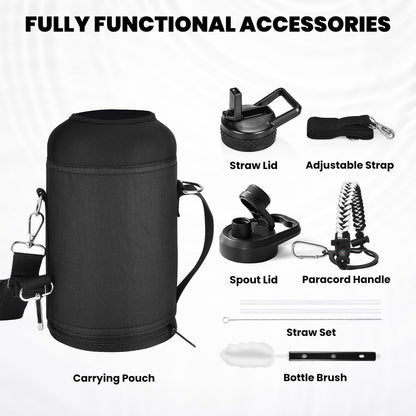 Insulated Water Bottle 64 oz, Triple Wall Vacuum Stainless Steel (Cold for 48 Hrs), Leak Proof & Non-BPA, Half Gallon Water Flask Jug with Paracord Handle & Straw Spout Lids, White/Black