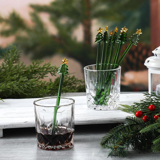 12 Pcs Christmas Glass Drink Stirrers 7 Inch Xmas Stir Sticks Reusable 3D Coffee and Cocktail Stirrers Hot Cocoa Bar Supplies for Holiday Party Favors (Christmas Tree)
