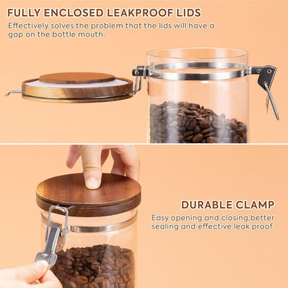 Yangbaga Glass Sugar Coffee Canister with Shelf, 3 x 45OZ Coffee Bean Containers Storage Station Organizer with Airtight Locking Clamp and Log Coffee Scoop, Food Storage Canisters Sets for Kitchen