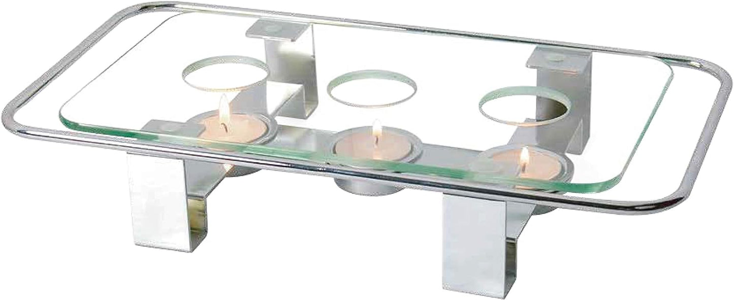 NewlineNY Chrome Plated Glass Dish Warmer, Rectangular Glass-Top 3 Holes Tea Light Votive Candle Gourmet Food Warmer
