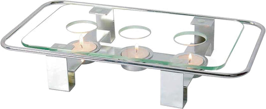 NewlineNY Chrome Plated Glass Dish Warmer, Rectangular Glass-Top 3 Holes Tea Light Votive Candle Gourmet Food Warmer