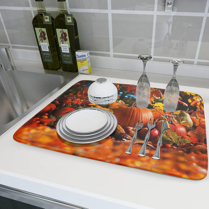 Fall Harvest Pumpkin Dish Drying Mat for Kitchen Counter,Thanksgiving Maple Leaves Sunflower Drying Mat 18 x 24 Inch with Absorbent Reversible Microfiber Dish Drying Pad for Coffee Bar