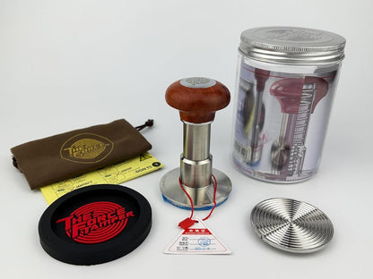 The Force Tamper Automatic Impact Adjustable Constant Pressure and Autoleveling Coffee Tamper Reddish Brown Jellyfish Wooden Handle Set Pro (Ripple-Distribute Set, 53.00mm)