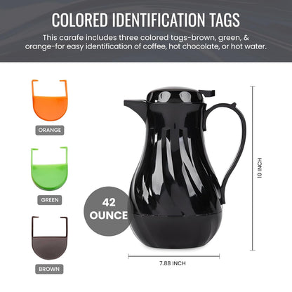 OCS Parts Easy Pour Thermal Coffee Carafe | 10-Inch Insulated Hot and Cold Beverage Pitcher Server for Coffee, Tea, Hot Chocolate and Water with Colored Tags for Easy Idenfication | 42-Ounce | Black