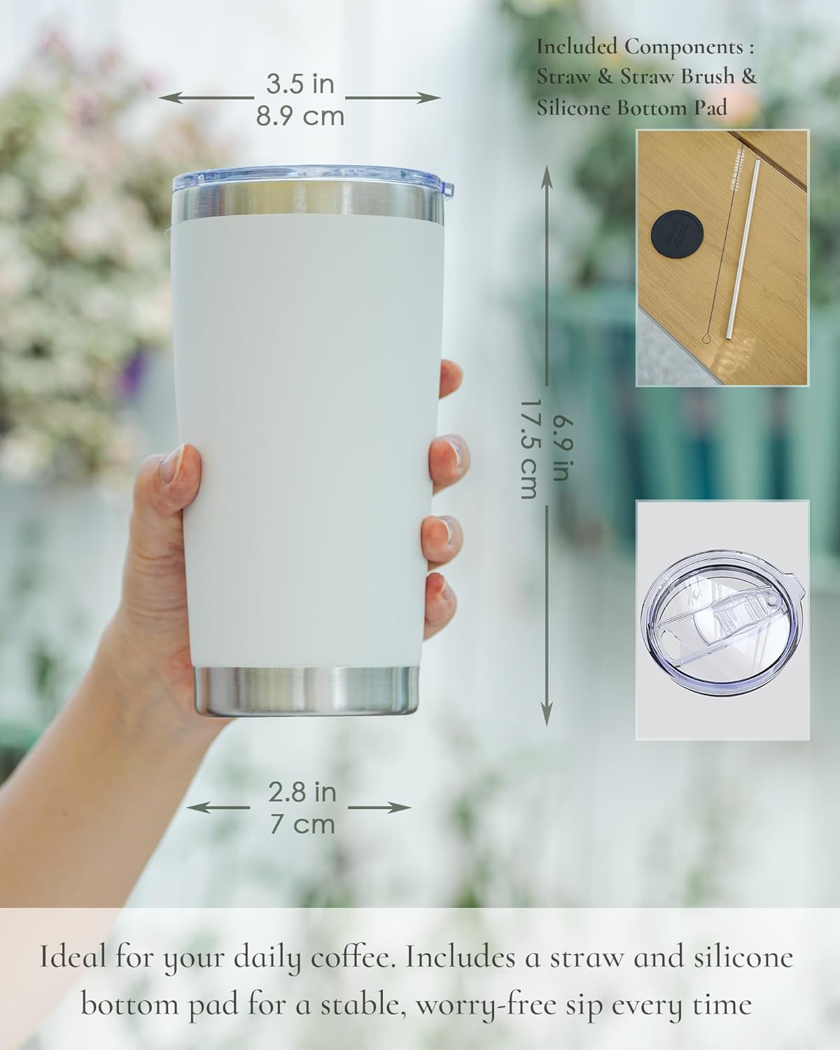 Travel Coffee Tumbler 20oz, 8 Pack Leakproof Travel Coffee Mug with Lid and Straw, Stainless Steel Double Wall Vacuum Insulated Tumbler for Hot/Iced Drinks (Textured Matte, White)