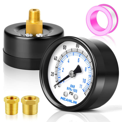 MEANLIN MEASURE 0-160Psi 2" DIAL FACE 1/8" NPT Well Pump Pressure Gauge, with 1/4" NPT and 3/8" NPT Hex Bushing, 3-2-3% Accuracy, Center Back Mount