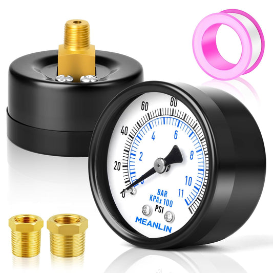 MEANLIN MEASURE 0-160Psi 2" DIAL FACE 1/8" NPT Well Pump Pressure Gauge, with 1/4" NPT and 3/8" NPT Hex Bushing, 3-2-3% Accuracy, Center Back Mount