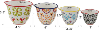 Creative Co-Op Floral Hand Stamped Stoneware Measuring Cups (Set of 4 Sizes/Designs)