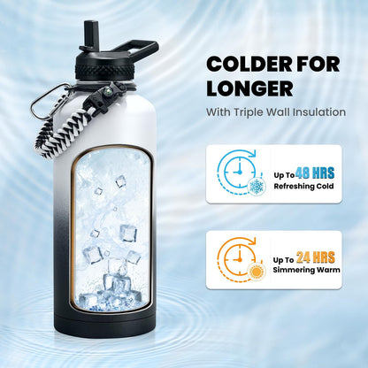 Insulated Water Bottle 87 oz, Triple Wall Vacuum Stainless Steel (Cold for 48 Hrs), Leak Proof & Non-BPA, Modern Water Flask Jug with Paracord Handle & Straw Spout Lids, Ombre: White/Black