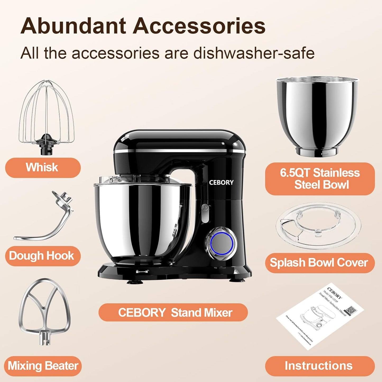 3-IN-1 Electric Stand Mixer, 6.5QT Bowl 660W 10-Speed Kitchen Mixer, Household Food Mixers include Dough Hook, Beater and Whisk, Bread Cake Mixer for Baking and Most Home Cooks, Black