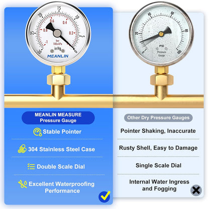 MEANLIN MEASURE -30inHG~0Psi Vacuum Gauge Stainless Steel 1/4" NPT 2" FACE DIAL Waterproof for Air Compressor HVAC Negative Pressure Hand Pump Pool Lower Mount, with 1/2" NPT and 3/8" NPT Hex Bushing