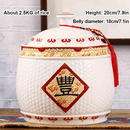 Traditional Chinese Style Large-Capacity Rice Pot, Ceramic Rice Bucket With Tassel Design, Airtight Storage Container For Rice, Grain, Snacks, Dry Foods