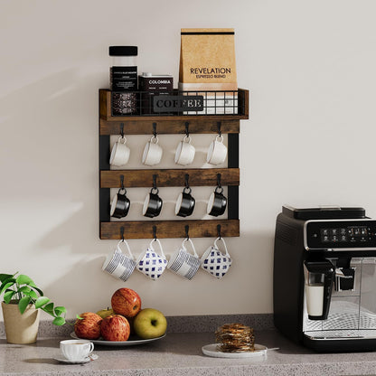 YINMIT Coffee Mug Holder Wall Mounted, Wood Mug Racks with 12 Hooks, Coffee Cup Holder for Wall with Storage Shelf, Cups Rack for Home, Kitchen