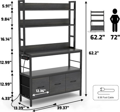 Bakers Rack with Power Outlet,5-Tier Free Standing Kitchen Storage Shelf Bakers Rack with Baskets,Industrial Microwave Oven Stand,Metal Kitchen Rack Organizer with Hooks(Black)
