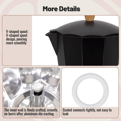 6 Cup Aluminum Moka Pot Classic Stovetop Espresso Coffee Maker 300ml 10oz Coffeemaker Percolator Mocha Pot Greca Coffee Maker Cafe Makers for Italian and Cuban Café Brewing Black