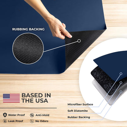 Dish Drying Mat Super Absorbent – 17" x 31" Coffee Mat for Countertops – Non-Slip Drying Mat for Kitchen Counter – Easy to Clean Water Absorbent Mat – XLarge Dish Drying Mats (Navy Blue)