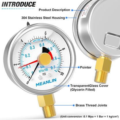 MEANLIN MEASURE 0~10Psi Stainless Steel 1/4" NPT 2.5" FACE DIAL with Reset Pointer Liquid Filled Pressure Gauge WOG Water Oil Air, Lower Mount, with Brass Hex Bushing