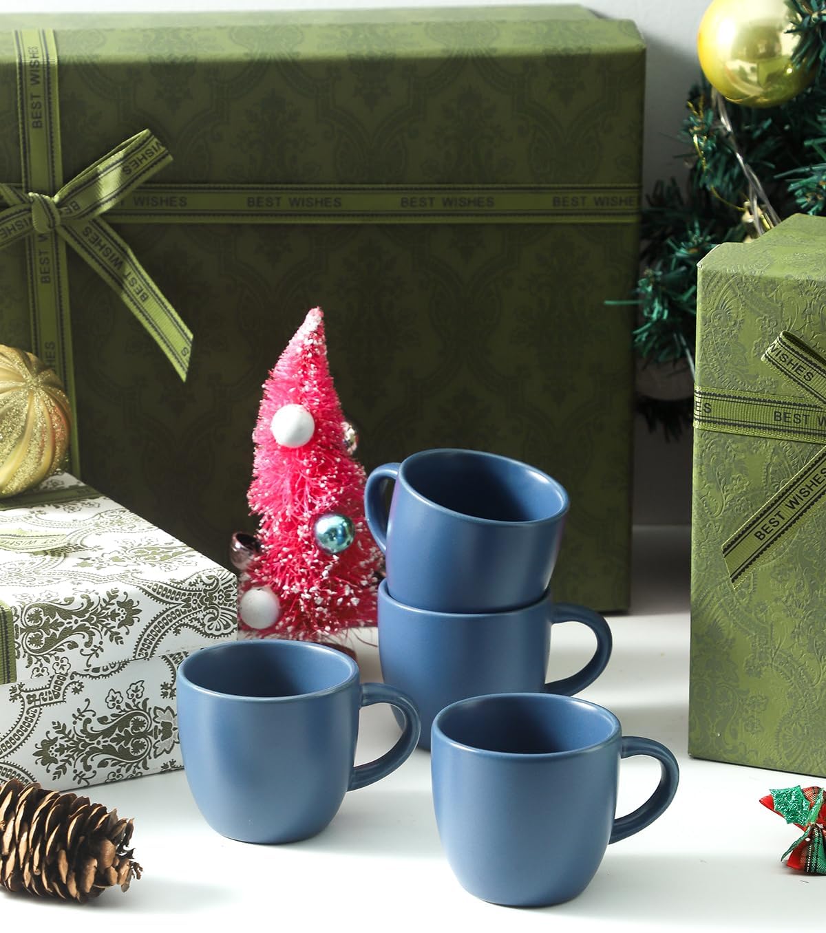Hasense 7 Ounce Cappuccino Cups Set of 4 Perfect for Latte, Americano, Cafe Mocha and Tea, Ceramic Coffee Cups Ideal for Party Cafe Home and Kitchen, Microwave and Dishwasher safe, Blue
