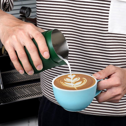 IKAPE Espresso Milk Pitcher, 15.04/450ml Milk Frothing Jug without Handle, Espresso Steaming Pitcher with Sharp Spout for Espresso Barista Tool(green)
