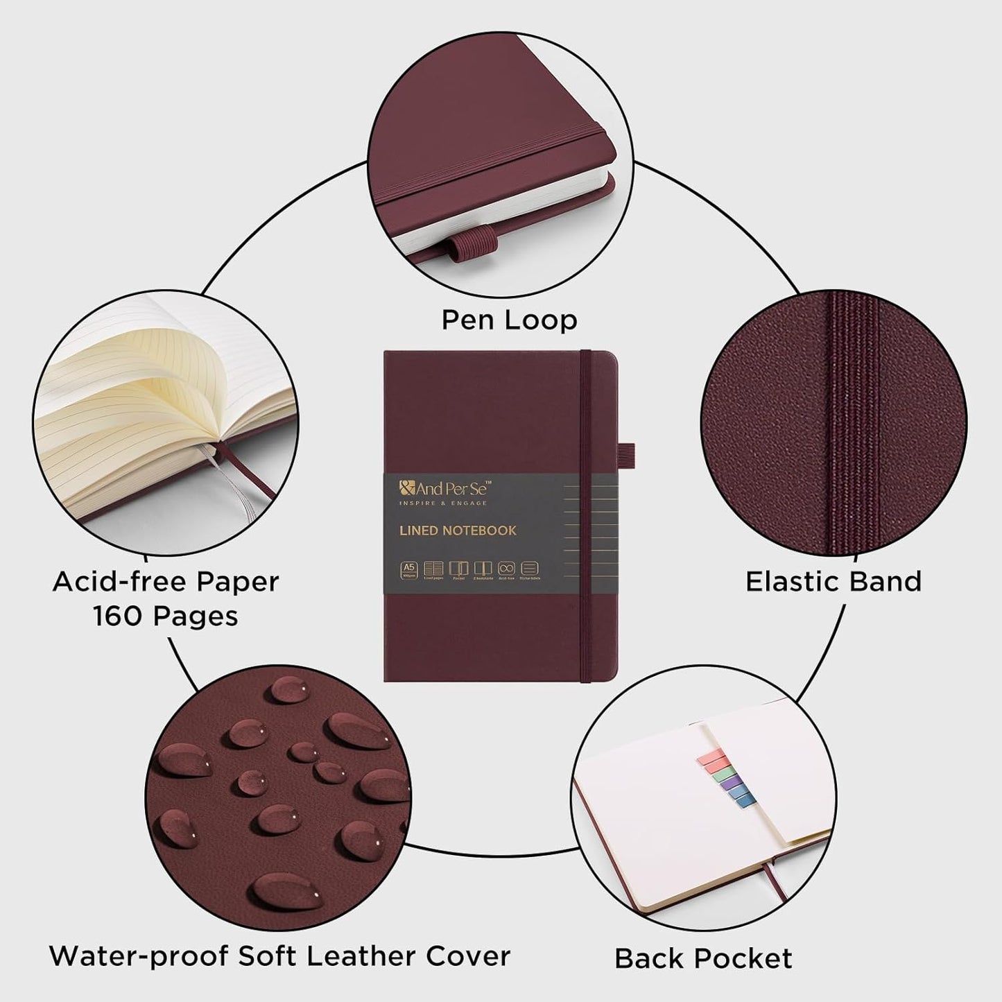 &And Per Se Lined Journal Notebook (5 Packs), 160 Pages, A5 5.7 x 8 inches College Ruled Thick Paper Notebook Journals for Writing, Hardcover Notebooks for Women Men Office School (Dark Red)