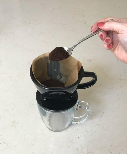 Simply Charmed Coffee Pour Over Single Cup Ceramic Brewer Coffee Maker with Melitta Filters (Black) 8-16 oz Depending on How Much Water/Grounds You Use