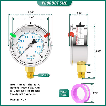 0-10PSI Stainless Steel Liquid Filled Pressure Gauge, 2.5" Dial Size, 1/4" NPT Lower Mount, for Tube, Water Pump, Gas, Liquid, Pressure Test (with Range Mark Pointer)
