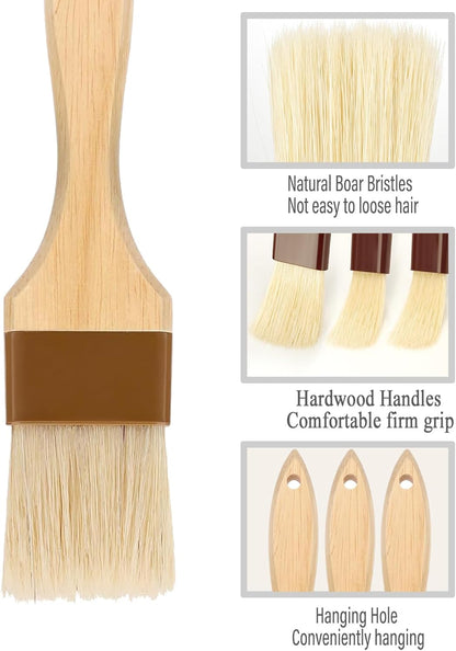 Pastry brush,Basting brush for Cooking,Natural Bristle BBQ Brush for Oil & Sauce,Wooden Handle Food Brush for Baking,Easy Clean Butter Brush,Durable Kitchen Culinary Utensil (1", 1 1/2 Inch,3 Pack)