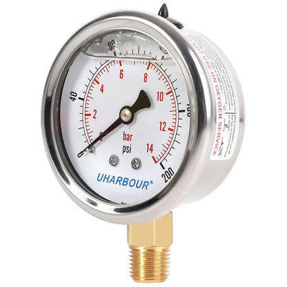Glycerin Filled Pressure Gauge 200psi/14bar, Stainless Steel case, Brass Inside Construction, 2-1/2" dial, 1/4" NPT Rear Connection.