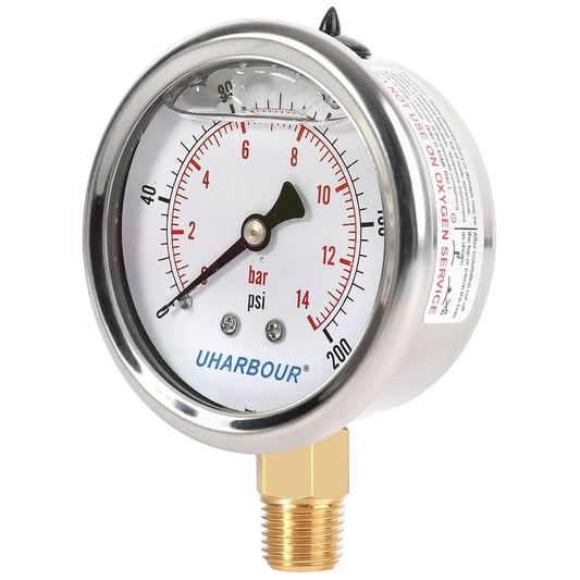 Glycerin Filled Pressure Gauge 200psi/14bar, Stainless Steel case, Brass Inside Construction, 2-1/2" dial, 1/4" NPT Rear Connection.