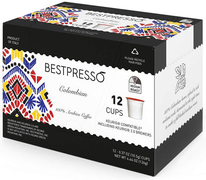 Bestpresso Coffee, Colombian Medium Roast Single Serve K-Cup Pods, 96 Count (Compatible With 2.0 Keurig Brewers) 8 Packs Of 12 Cups