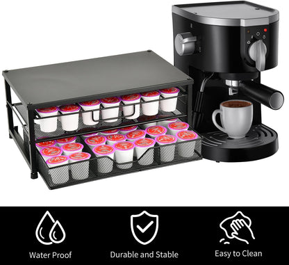 Spacrea K Cup Holder Organizer- Coffee Pod Holder for Counter with 2 Tier Sliding Storage Drawer, Coffee Station Bar Accessories Holder, 63 Large or 80 Small Capsules, Home Kitchen (Black)