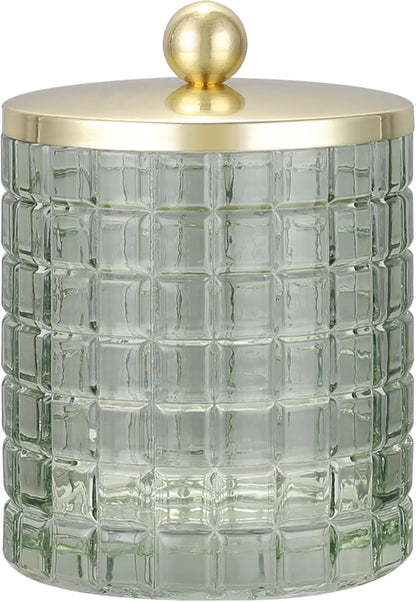 Glass Jar with Metal Lid for Bathroom Organization, Clear Apothecary Jar for Cotton Balls, Q Tips, and Small Accessories, Stylish Bathroom Storage Container Sage Green, Gold