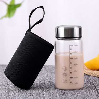 12Oz Glass Water Bottle with Lid and Sleeve,0.15in/3.8mm Thick Glass Shaker Bottles for Protein Mixes,Juicing,Smoothies, Infused Water,Beverage,Wide Mouth Small Reusable Coffee Bottle