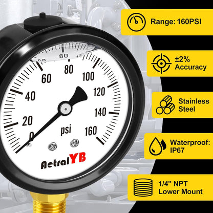 0-160 Psi Pressure Gauge,Stainless Steel Case,Glycerin Liquid Filled, 2.5" Dial Size, 1/4" NPT Lower Mount, IP67 Waterproof,for Water Pump, Air Compressor, Well Pump, RV Regulator