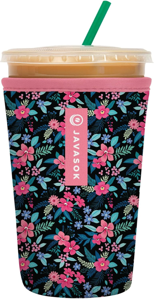 Sok It JavaSok Iced Coffee & Cold Soda Insulated Neoprene Cup Sleeve (Tropical Blooms, Medium: 22-28oz)