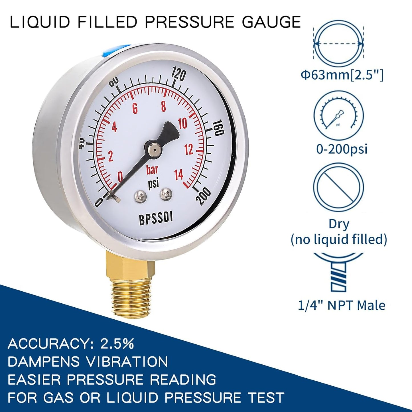 0-200 Psi Pressure Gauge, 2.5" Dial Size, 1/4" NPT Lower Mount, 304 Stainless Steel Case, Water Pressure Gauge Test for Pool Pump, Sand Filter, Air Compressor, Espresso(with Tape)