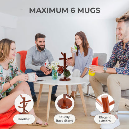 Pack 2 Mug Tree 6 Hooks Rubberwood 13.5"x7"x7", Strudy & Thick Base, Large & Small Cup Holder Tree Wooden for Jewelry, Kitchen Tools, Pantry, Ornaments, Countertop, Table Organizer (Brown)