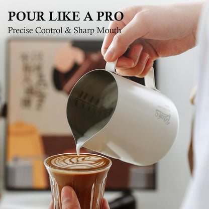Milk Frothing Pitcher - 600ml/20oz Milk Frother Cup Espresso Steaming Pitcher for Barista, Bincoo SUS304 Stainless Steel Espresso Steaming Pitchers for Latte Art/Cappuccino/Coffee/Milk (White-600ml)